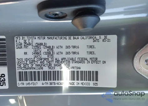 2021 Toyota Tacoma Trd Off-Road from USA, damaged, VIN 3TMCZ5AN9MM411698